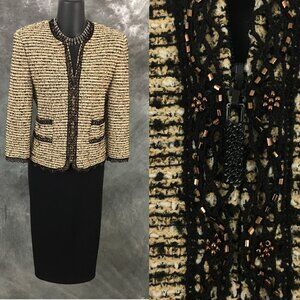 BEAUTIFUL st john couture knit Beige black multi embellised jacket skirt suit 6